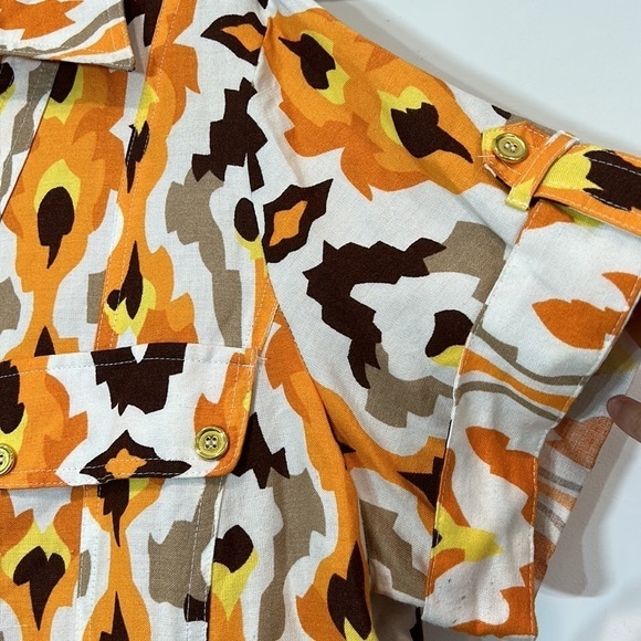 Ashley Stewart bohemian print linen Midi Shirt Dress 14 Orange Brown Button down - Picture 5 of 6